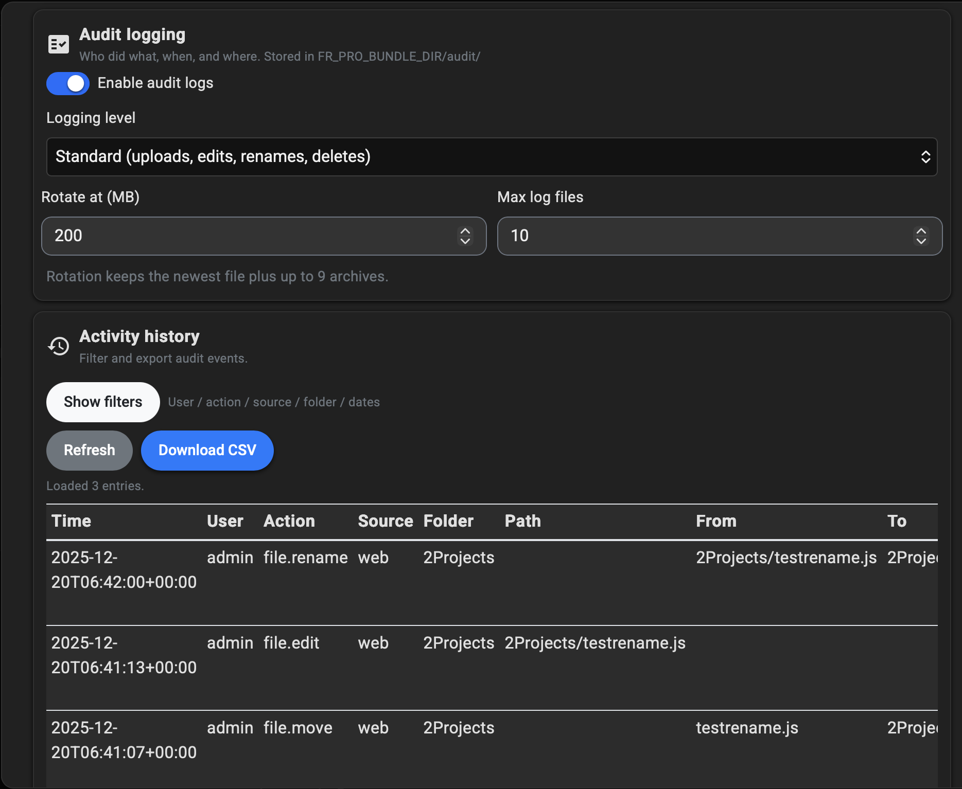 FileRise Pro audit logs table with filters and CSV export