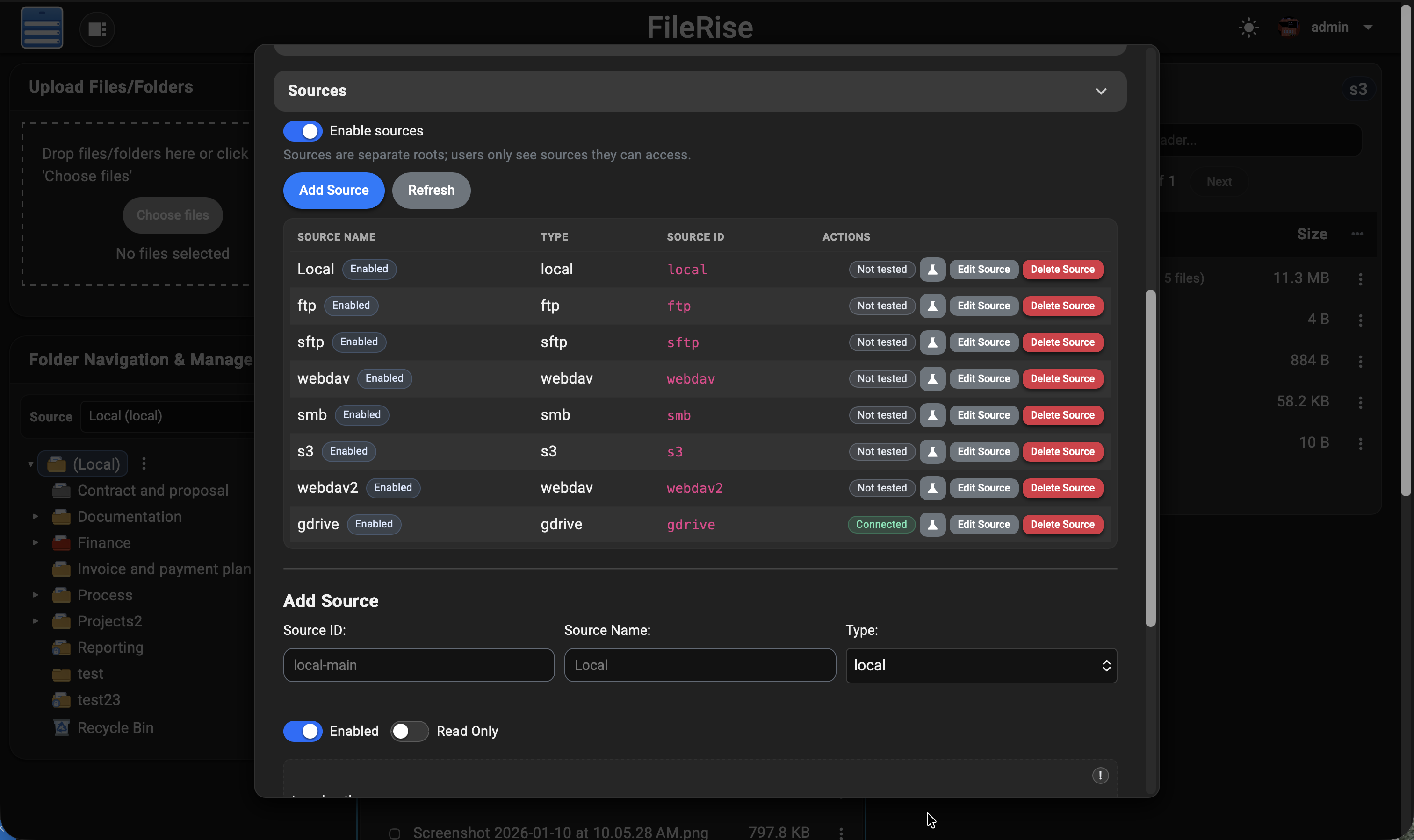 FileRise Pro Sources view showing multiple storage backends