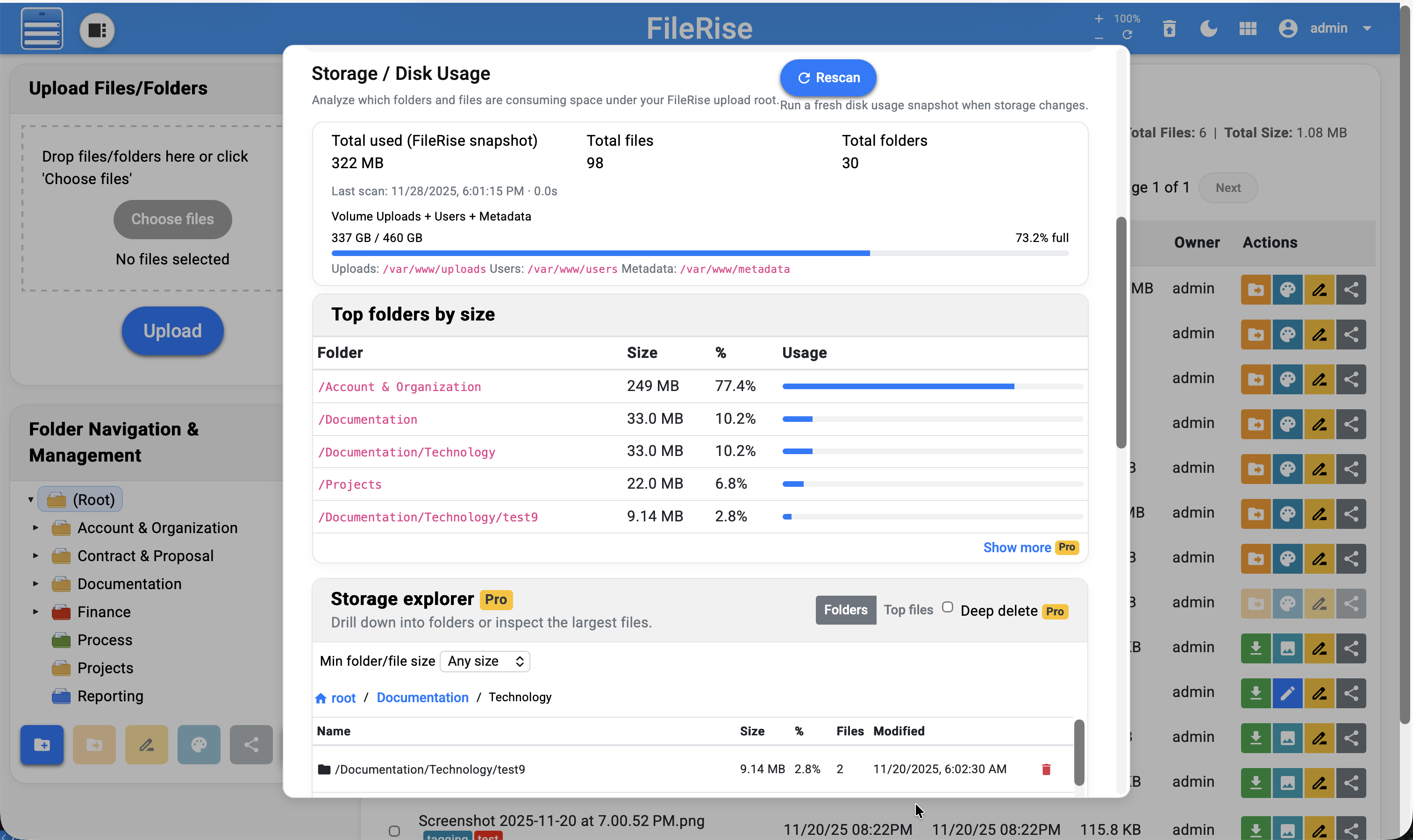 FileRise Pro storage explorer showing disk usage by folder and largest files