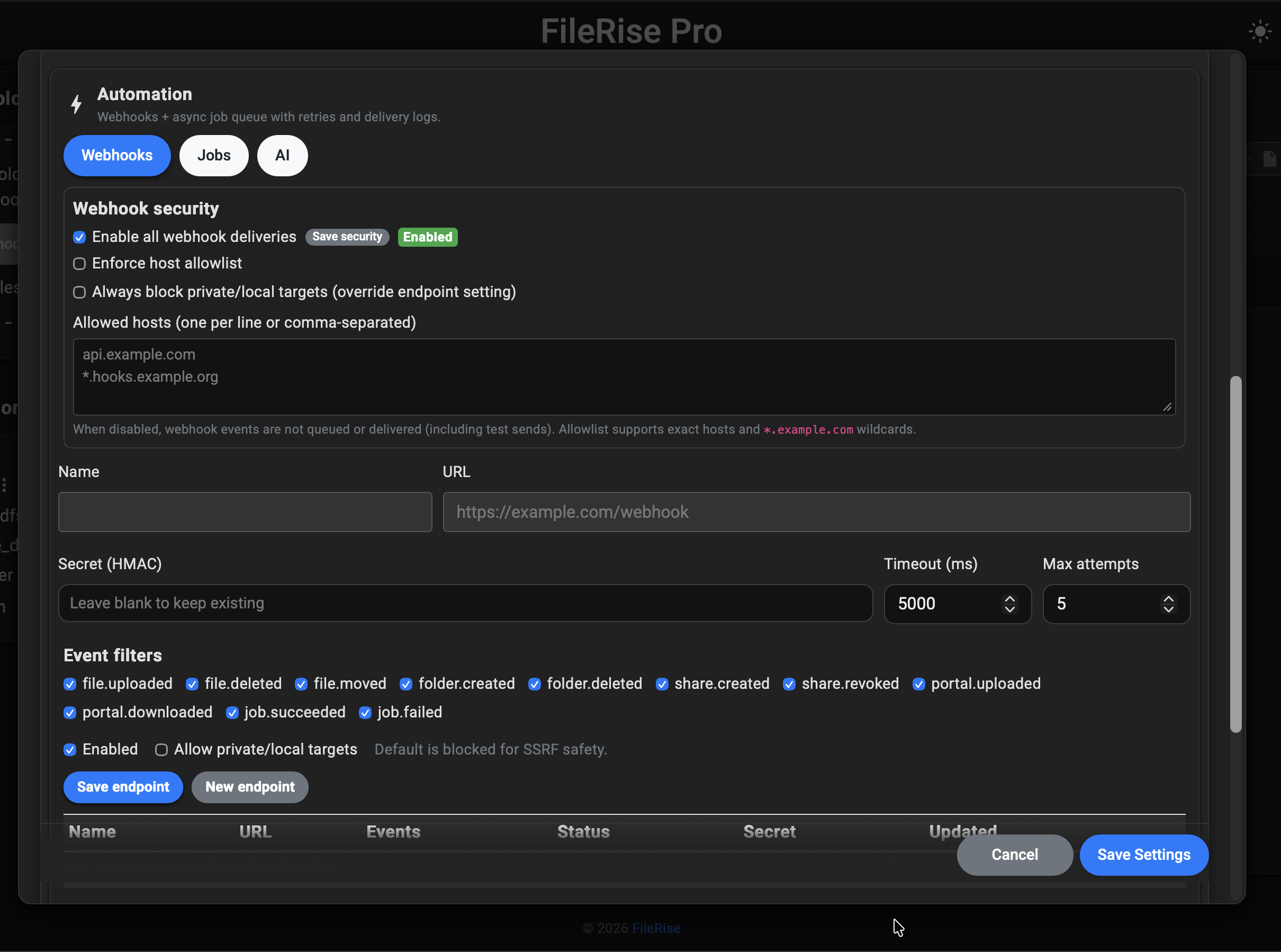 FileRise Pro Automation Webhooks screen showing endpoint configuration