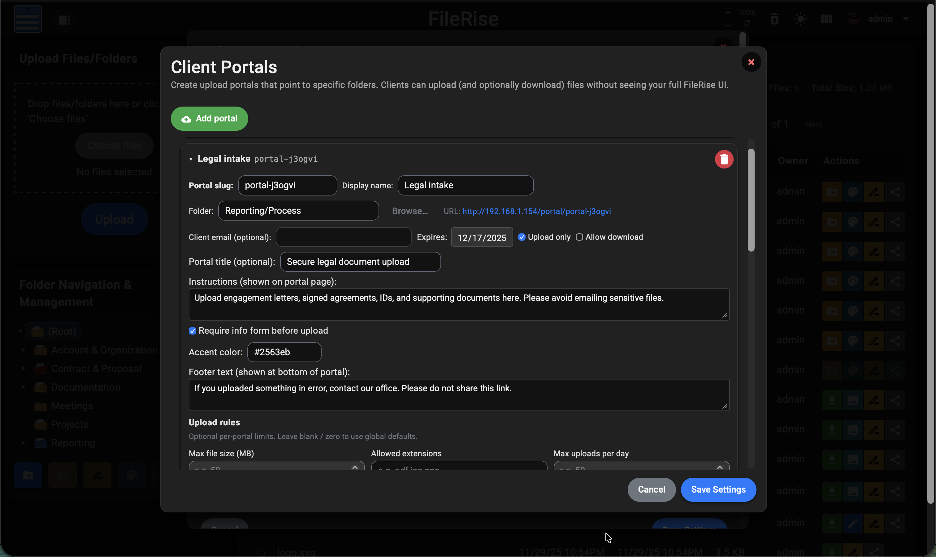 Client portal with legal intake template and upload rules configuration