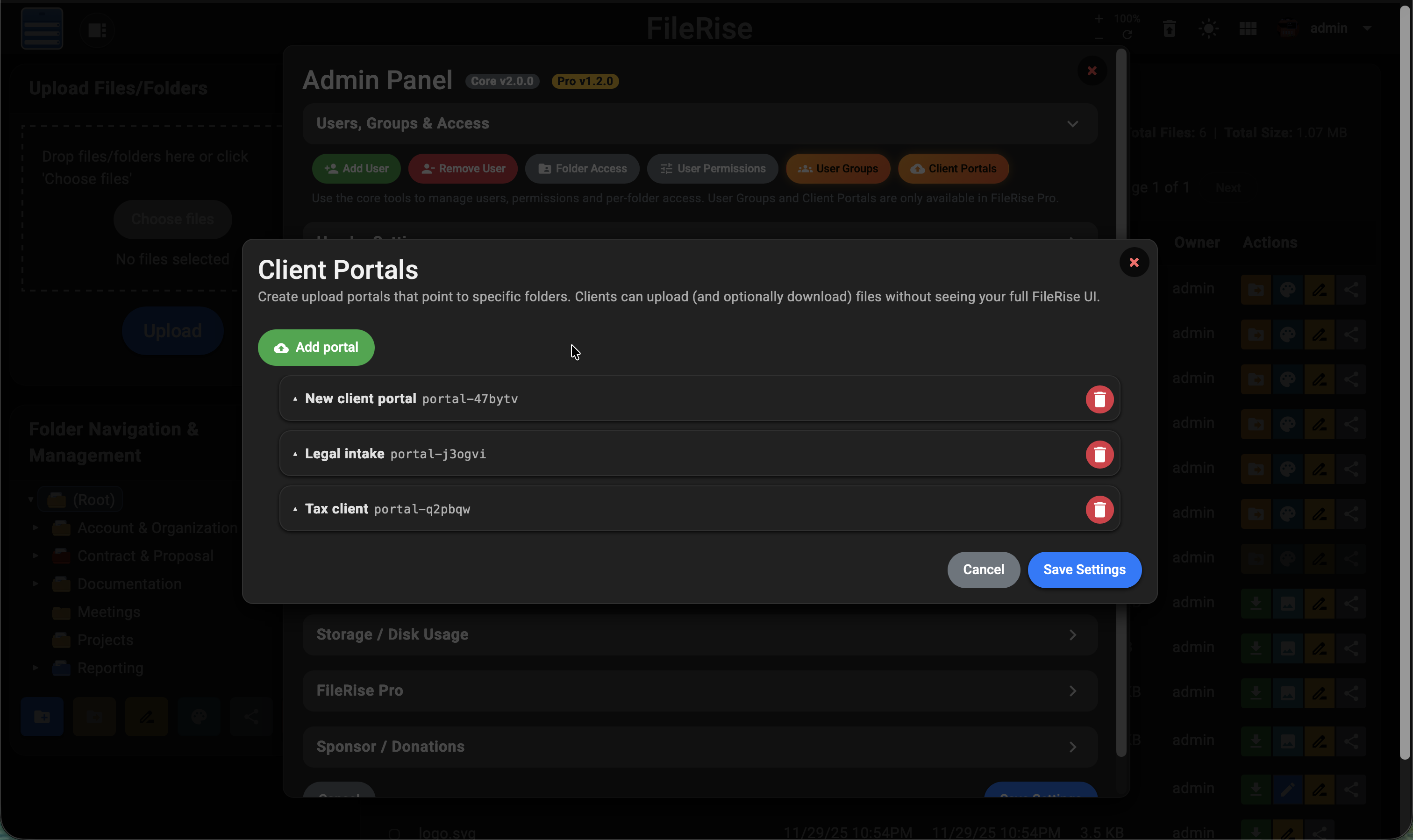Admin view of multiple collapsed client portals in FileRise Pro